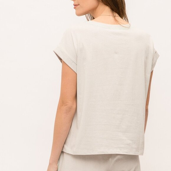 MYSTREE Light Grey Relaxed Fit Short Sleeve Top, Soft Knit Lounge Tee - Picture 3 of 4